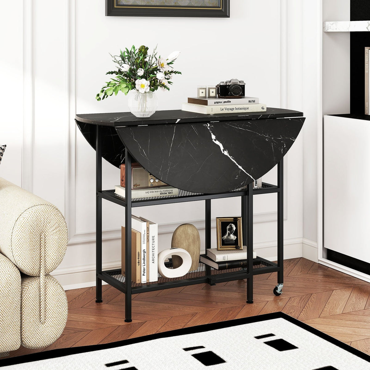 Folding Round Dining Table with Lockable Wheels-Black view 2