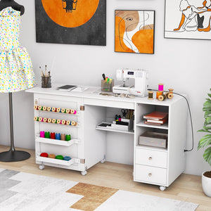 Folding Sewing Table with Charging Station and Storage Shelves-White view 2