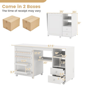 Folding Sewing Table with Charging Station and Storage Shelves-White view 5