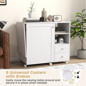 Folding Sewing Table with Charging Station and Storage Shelves-White view 9