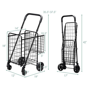 Folding Shopping Cart Basket Rolling Trolley with Adjustable Handle-Black view 4