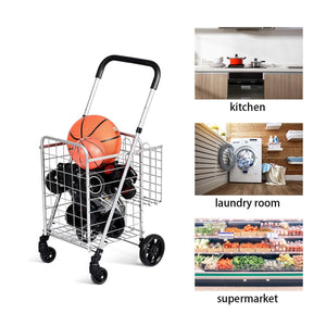 Folding Shopping Cart Basket Rolling Trolley with Adjustable Handle-Silver view 3