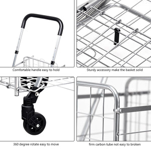 Folding Shopping Cart Basket Rolling Trolley with Adjustable Handle-Silver view 5