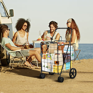 Folding Shopping Cart for Laundry with Swiveling Wheels and Dual Storage Baskets-Black view 3