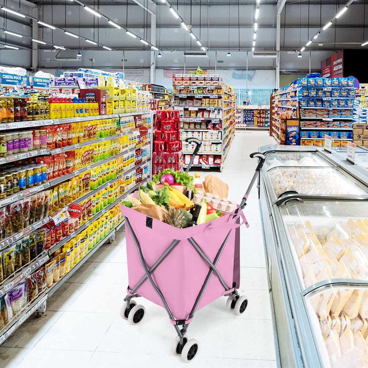 Folding Shopping Utility Cart with Water-Resistant Removable Canvas Bag-Pink view 2