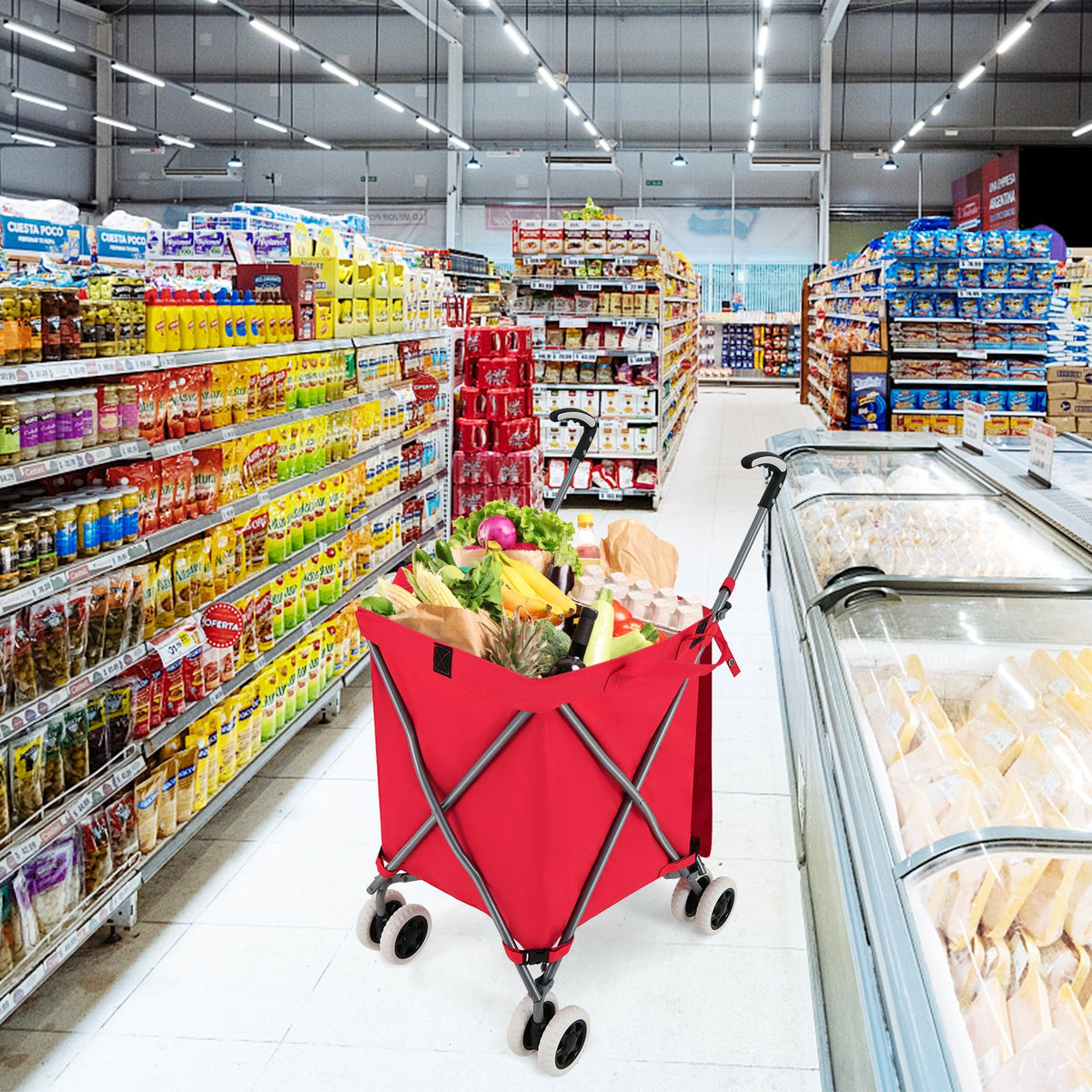 Folding Shopping Utility Cart with Water-Resistant Removable Canvas Bag-Red view 2