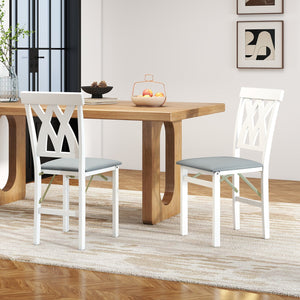 Folding Wooden Dining Chair Set of 2 Faux Leather Upholstered Kitchen Armless Chairs-White view 2