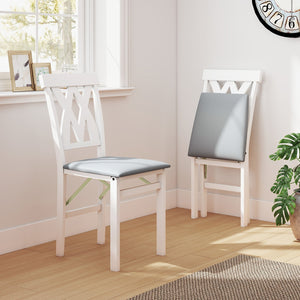 Folding Wooden Dining Chair Set of 2 Faux Leather Upholstered Kitchen Armless Chairs-White view 3