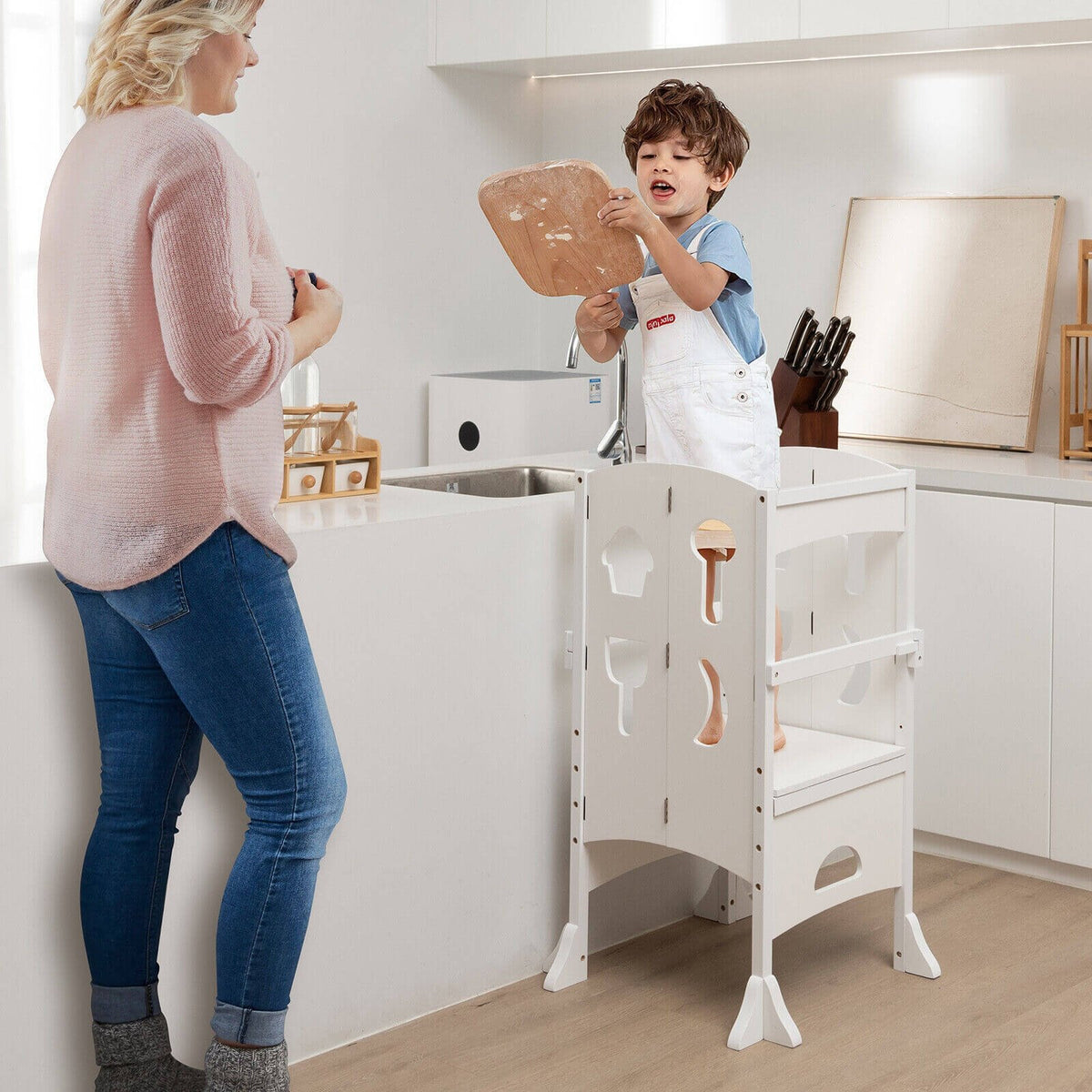 Folding Wooden Step Stool with Lockable Safety Rail for Toddler 3+-White view 2