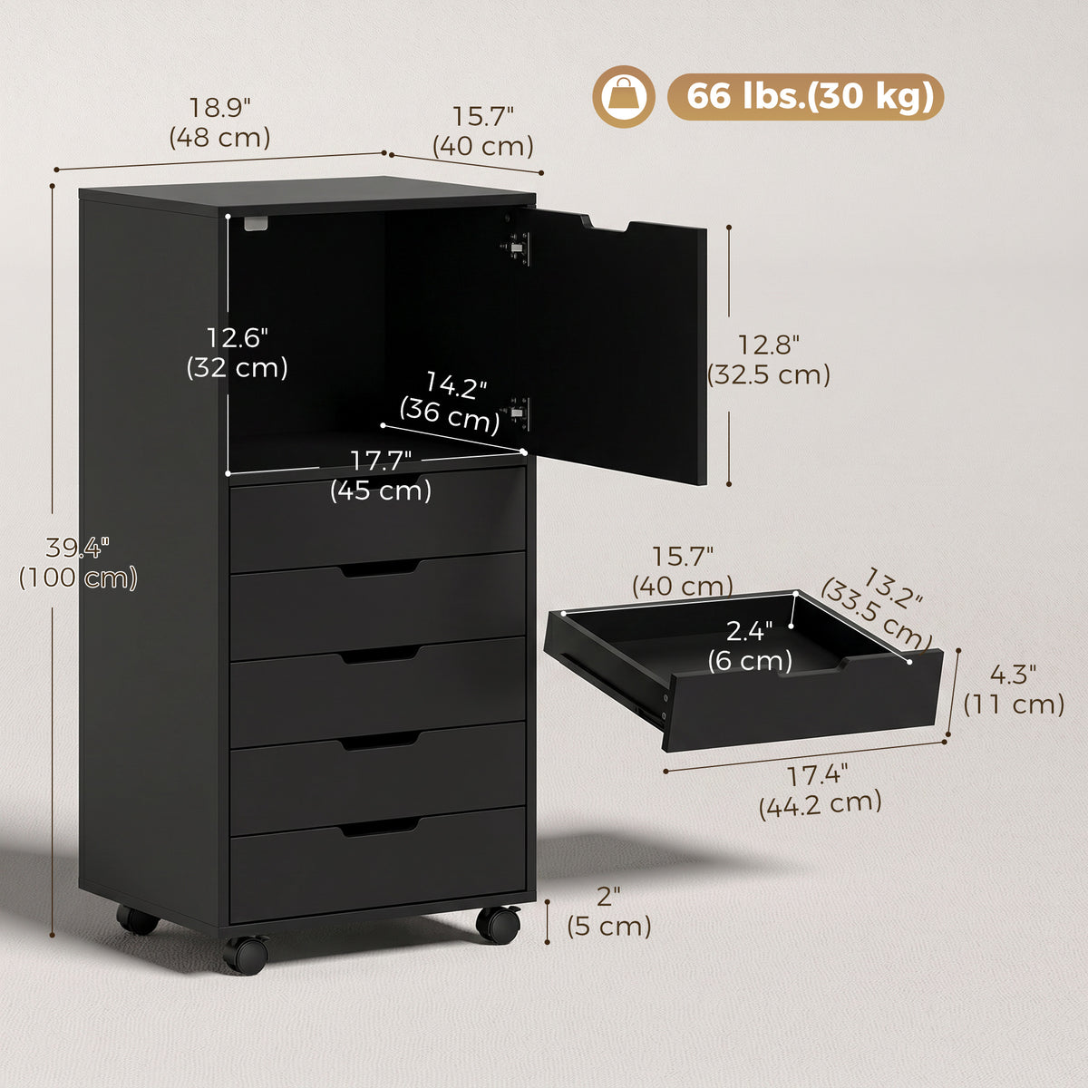 File Cabinet on Wheels Mobile Printer Stand with 5 Drawers for Home Office Black