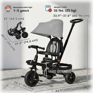 Qaba Tricycle for Toddler 5 in 1 Kids Trike, Foldable Converts Stroller to Toddler Bike, Adjustable Backrest & Curved Canopy, Detachable Guardrail & Handle for 1-5 Years Old