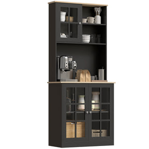Kitchen Buffet with Hutch, Storage Pantry with 3 Cabinets, 2 Open Shelves and Large Countertop, Black – view 6