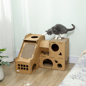 Multi-Level Cardboard Cat House, Corrugated Cardboard Play Condo with Scratching Pads for Indoor Kittens