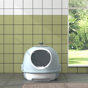 Cat Litter Box Toilet with Lid, Covered Litter Box with Scoop, Enclosed Drawer and Skylight, Blue