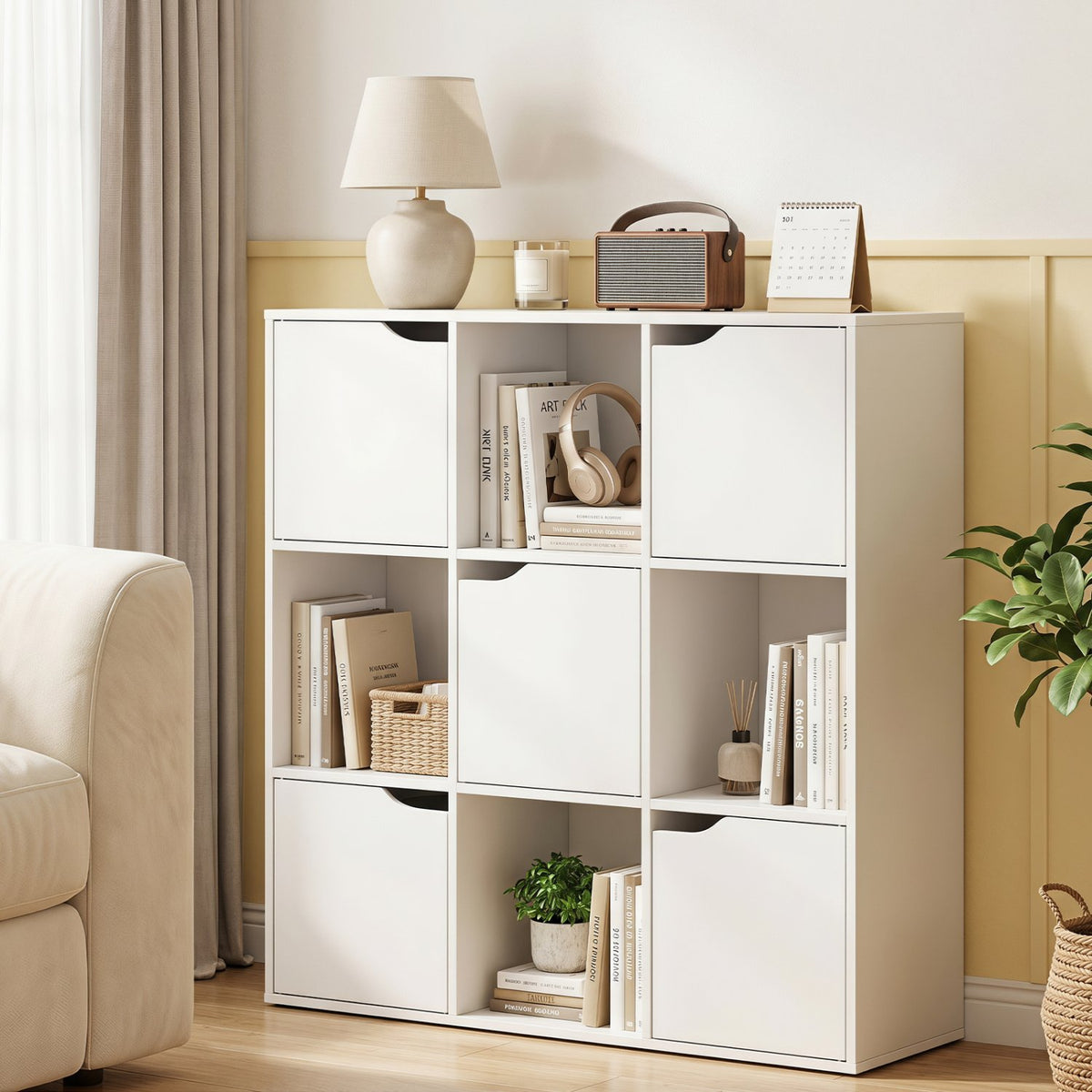 Free Standing 9 Cube Storage Wood Divider Bookcase for Home and Office-White view 2