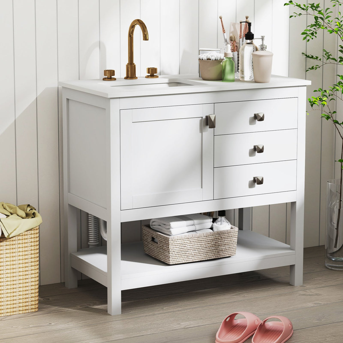 Freestanding Bathroom Vanity Unit with Basin Floor Storage Cabinet-White view 2