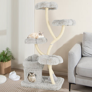 Freestanding Cat Tower with four Flower-shaped Platforms and Sisal Scratching Posts-Gray view 2