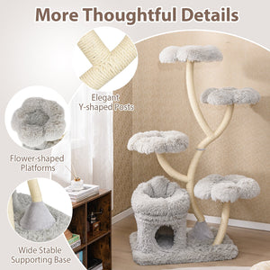 Freestanding Cat Tower with four Flower-shaped Platforms and Sisal Scratching Posts-Gray view 9