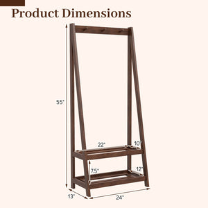 Freestanding Clothes Rack with 3 Hooks and 2 Shelves-Walnut view 5