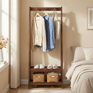 Freestanding Clothes Rack with 3 Hooks and 2 Shelves-Walnut view 6