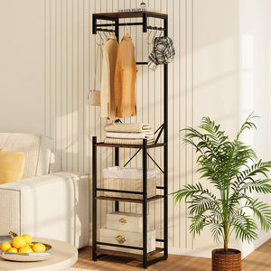 Freestanding Coat Rack with 4 Storage Shelves and 6 Hooks-Rustic Brown view 2