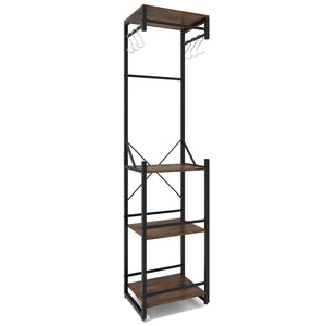 Freestanding Coat Rack with 4 Storage Shelves and 6 Hooks-Rustic Brown view 3