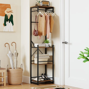Freestanding Coat Rack with 4 Storage Shelves and 6 Hooks-Rustic Brown view 5