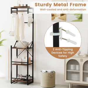 Freestanding Coat Rack with 4 Storage Shelves and 6 Hooks-Rustic Brown view 8