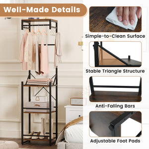 Freestanding Coat Rack with 4 Storage Shelves and 6 Hooks-Rustic Brown view 9