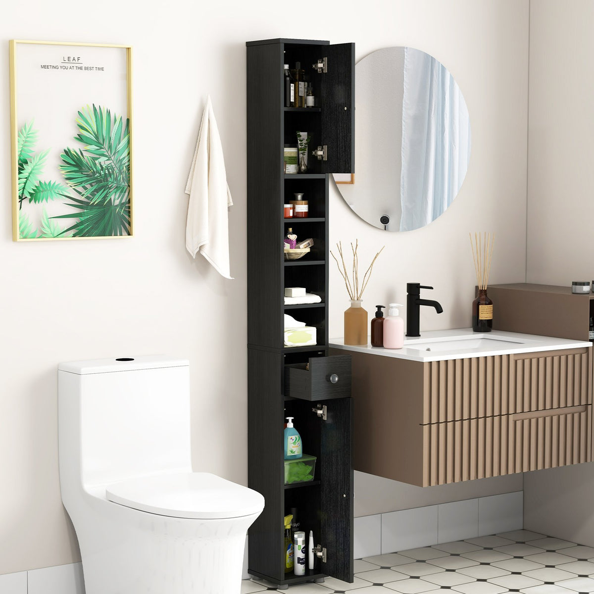 Freestanding Slim Bathroom Cabinet with Drawer and Adjustable Shelves-Black view 2