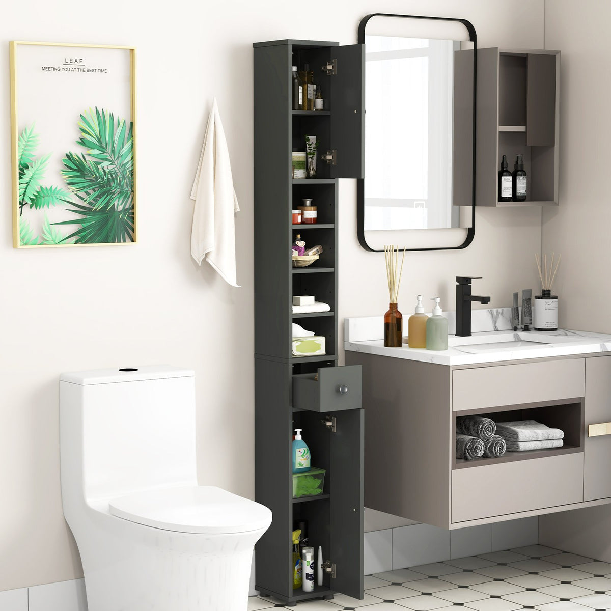 Freestanding Slim Bathroom Cabinet with Drawer and Adjustable Shelves-Gray view 2