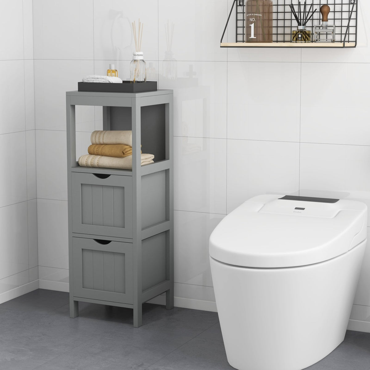 Freestanding Storage Cabinet with 2 Removable Drawers for Bathroom-Gray view 2
