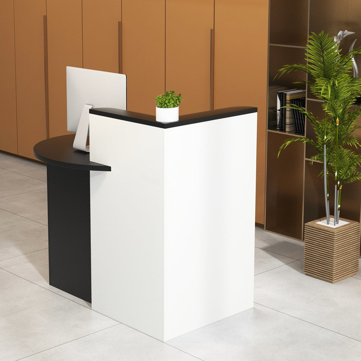 Front Reception Office Desk with Adjustable Shelf and Lockable Drawer-Black & White view 2