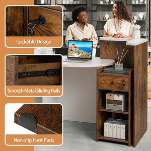 Front Reception Office Desk with Open Shelf and Drawer-Brown & White view 6