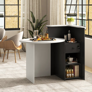 Front Reception Office Desk with Open Shelf and Drawer-Black & White view 2