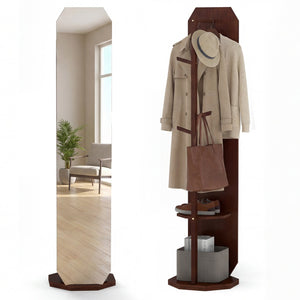 Full Length Mirror Coat Rack with Clothes Hanger for Bedroom-Walnut