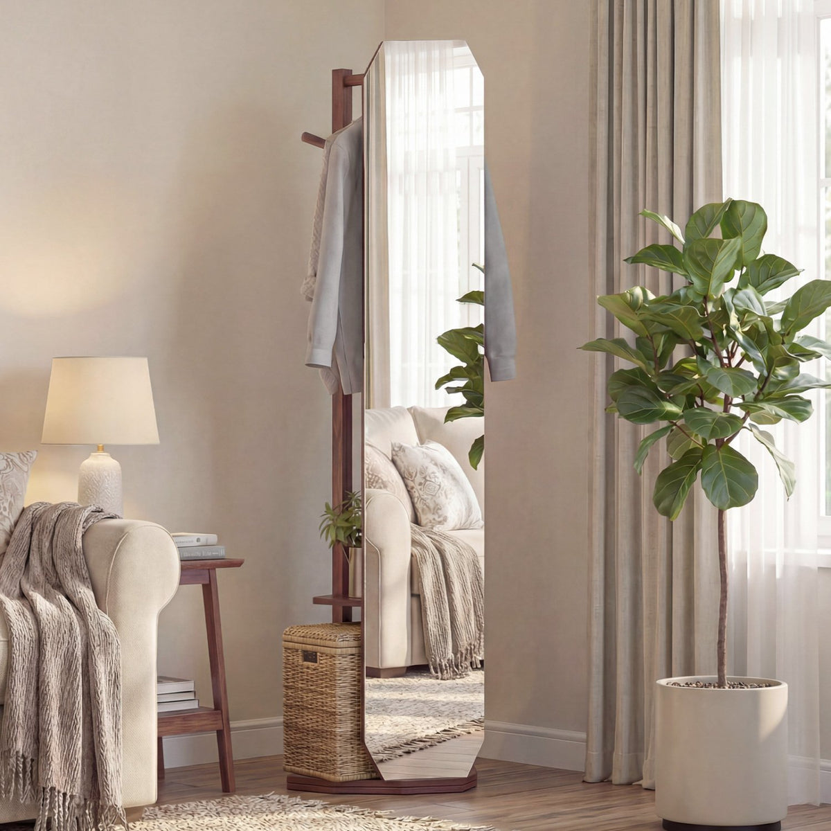 Full Length Mirror Coat Rack with Clothes Hanger for Bedroom-Walnut view 2