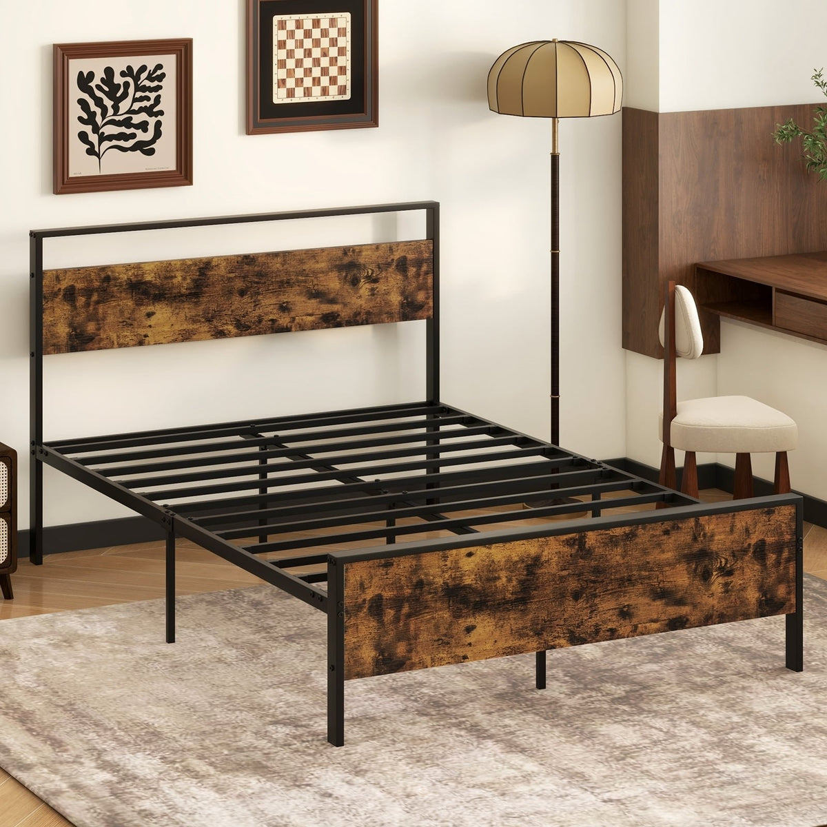 Full Metal Bed Frame Industrial Platform Bed with Wooden Headboard-Full Size view 2
