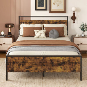 Full Metal Bed Frame Industrial Platform Bed with Wooden Headboard-Full Size view 3