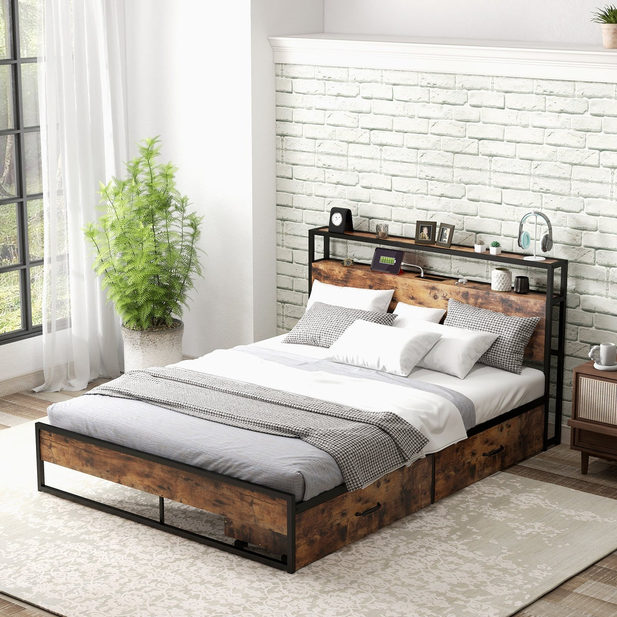 Full/Queen Bed Frame with 2-Tier Storage Headboard and Charging Station-Queen Size view 2