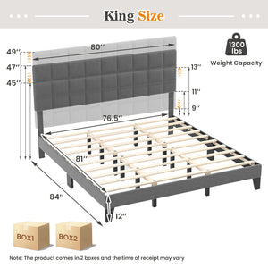 King Size Modern Linen Bed Frame with Adjustable Headboard-Gray view 4