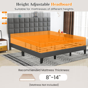 King Size Modern Linen Bed Frame with Adjustable Headboard-Gray view 8