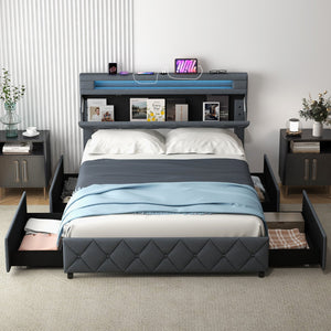 Full/Queen Size Bed Frame with Adjustable Storage Headboard and Wooden Slat Support-Full view 2