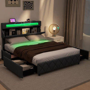 Full/Queen Size Bed Frame with Adjustable Storage Headboard and Wooden Slat Support-Full view 3