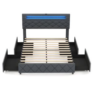 Full/Queen Size Bed Frame with Adjustable Storage Headboard and Wooden Slat Support-Full view 4