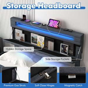 Full/Queen Size Bed Frame with Adjustable Storage Headboard and Wooden Slat Support-Full view 8