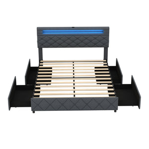 Full/Queen Size Bed Frame with Adjustable Storage Headboard and Wooden Slat Support-Queen Size