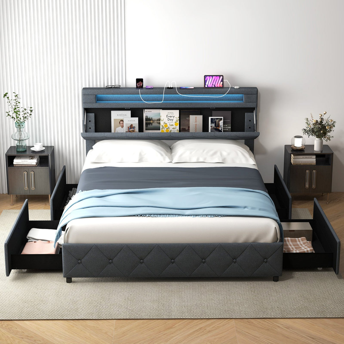 Full/Queen Size Bed Frame with Adjustable Storage Headboard and Wooden Slat Support-Queen Size view 2