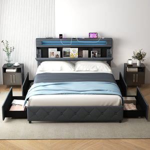 Full/Queen Size Bed Frame with Adjustable Storage Headboard and Wooden Slat Support-Queen Size view 2