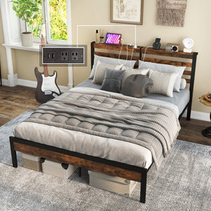 Full/Queen Size Bed Frame with Charging Station and Storage Headboard-Queen Size view 2